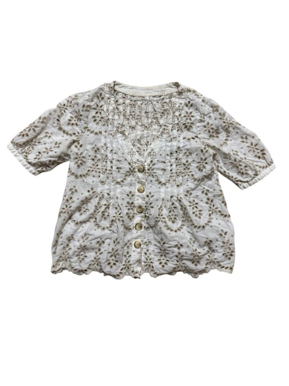 Anthro Feather Bone Eyelet Blouse Womens 6 Ivory Button Front Boho Top